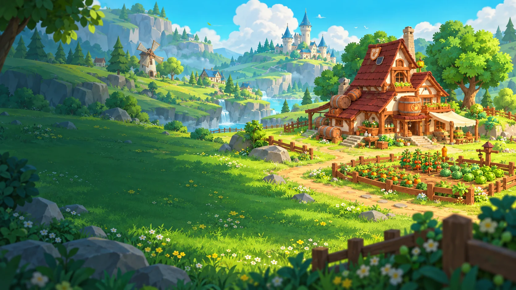 阳光照亮农舍、田地和山谷的 Farm World 宣传插画